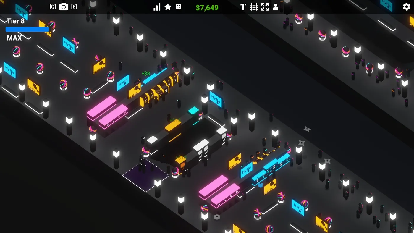 Cyber Station: a packed late game concourse with crowds of passengers moving between shops and platforms